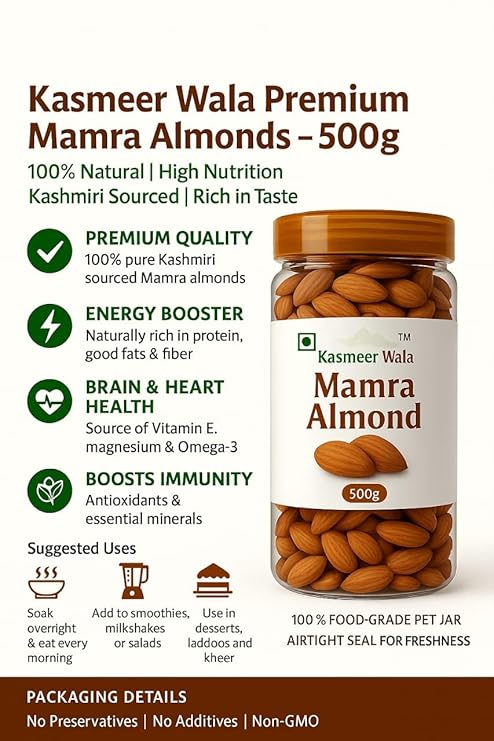 Kasmeer Wala Mamra Almonds  | Natural Mamra Badam | Rich in Protein & Fiber | Ideal for Soaking, Snacking & Gifting