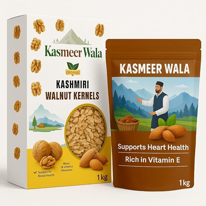 Kasmeer Wala Combo Pack of 2KG – 1KG Kashmiri Mamra Almonds & 1KG Premium Kashmiri Walnuts | 100% Natural, Farm Fresh, Handpicked Dry Fruits | Immunity Booster Superfoods