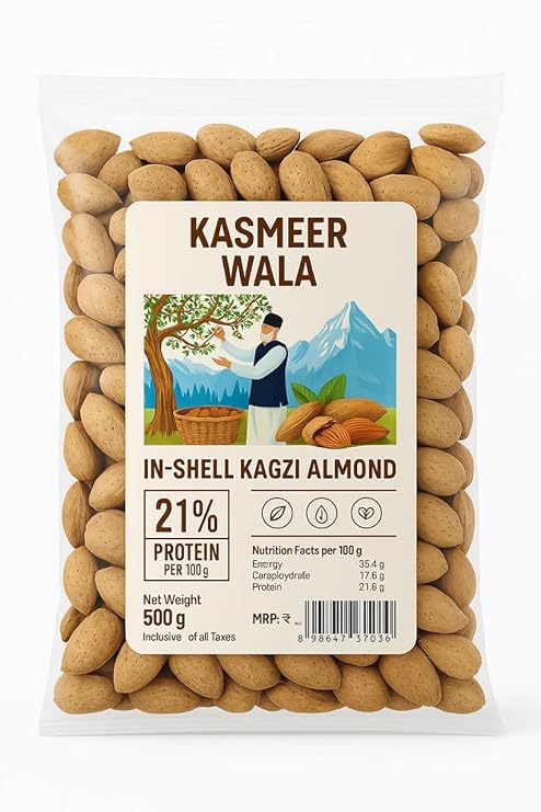 Kasmeer Wala In-Shell Kagzi Almonds | 21% Protein | Thin Shell, Easy to Crack | Natural & Healthy Dry Fruit