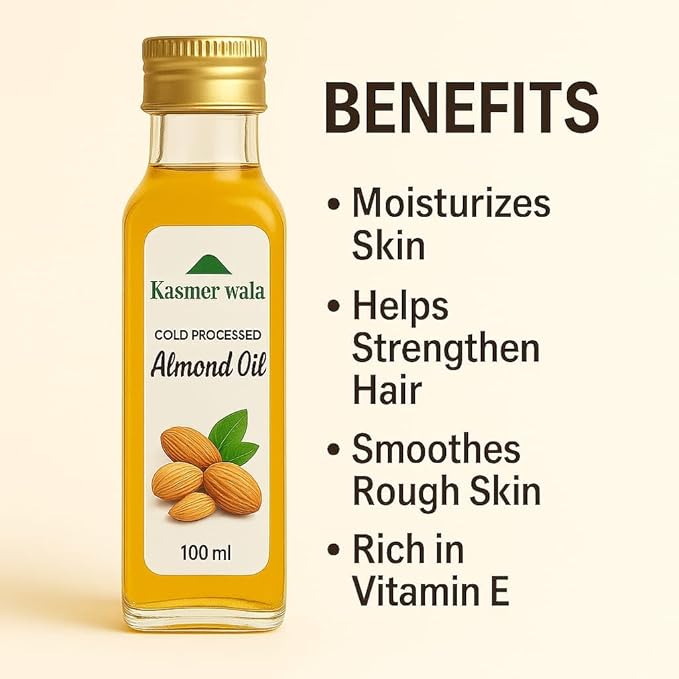 Kasmeer Wala Pure Kashmiri Almond Oil – 100 ml | Cold Pressed Sweet Almond Oil for Skin, Hair & Massage | 100% Natural & Organic | Nourishing & Moisturizing
