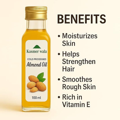 Kasmeer Wala Pure Kashmiri Almond Oil – 100 ml | Cold Pressed Sweet Almond Oil for Skin, Hair & Massage | 100% Natural & Organic | Nourishing & Moisturizing