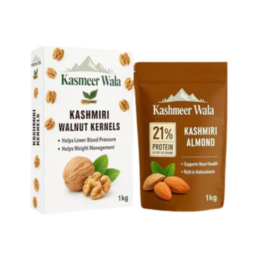 Kasmeer Wala Combo Pack of 2KG – 1KG Kashmiri Mamra Almonds & 1KG Premium Kashmiri Walnuts | 100% Natural, Farm Fresh, Handpicked Dry Fruits | Immunity Booster Superfoods