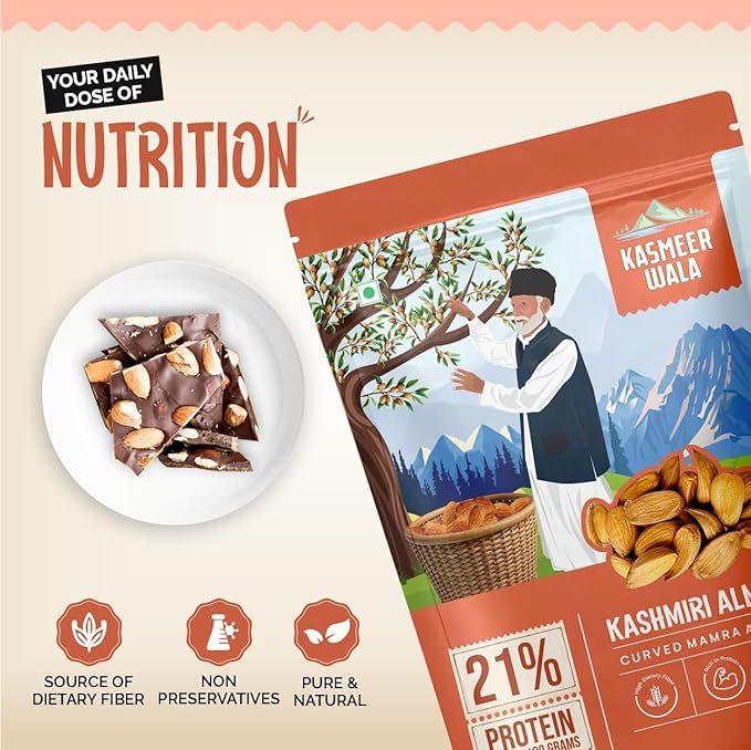 Kashmiri Curved Mamra Almonds | Premium Grade A Badam | High Oil Content | Handpicked Organic Dry Fruits | Natural Brain Booster for Kids & Adults