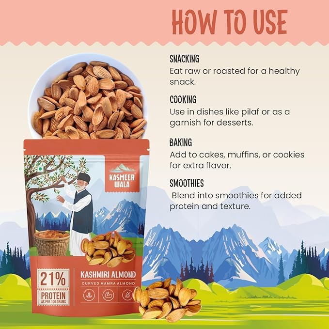 Kashmiri Curved Mamra Almonds | Premium Grade A Badam | High Oil Content | Handpicked Organic Dry Fruits | Natural Brain Booster for Kids & Adults