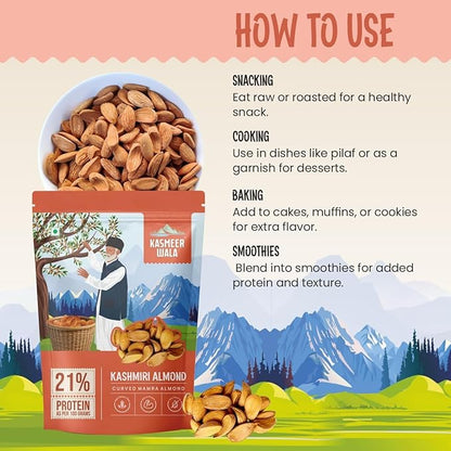 Kashmiri Curved Mamra Almonds | Premium Grade A Badam | High Oil Content | Handpicked Organic Dry Fruits | Natural Brain Booster for Kids & Adults