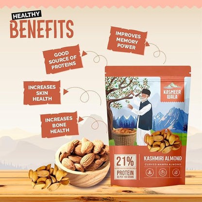 Kashmiri Curved Mamra Almonds | Premium Grade A Badam | High Oil Content | Handpicked Organic Dry Fruits | Natural Brain Booster for Kids & Adults