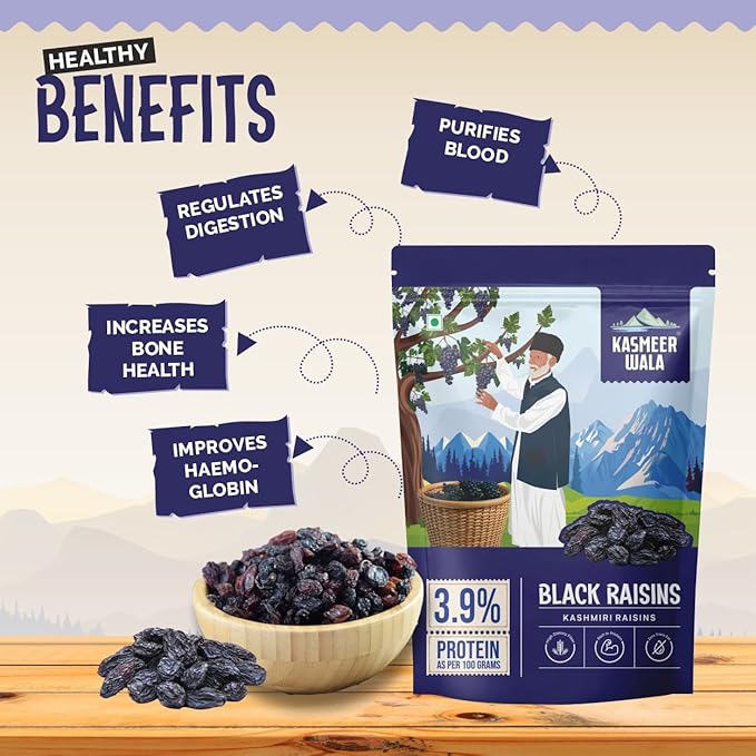 KASMEER WALA Black Raisins | Seedless Dried Grapes | Naturally Sweet & Sun-Dried | Rich in Iron & Antioxidants | Immunity Booster | Healthy Snack  |