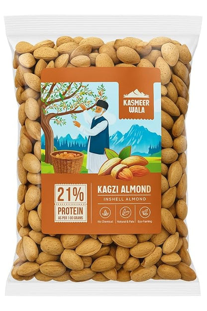 Kasmeer Wala In-Shell Kagzi Almonds | 21% Protein | Thin Shell, Easy to Crack | Natural & Healthy Dry Fruit