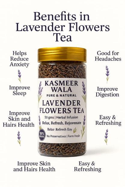 Kasmeer Wala Himalayan Lavender Flower Tea | 100% Organic Herbal Infusion | Pure & Natural Dried Lavender Flowers | Relaxing, Stress Relief, Sleep Support | 50g Pack
