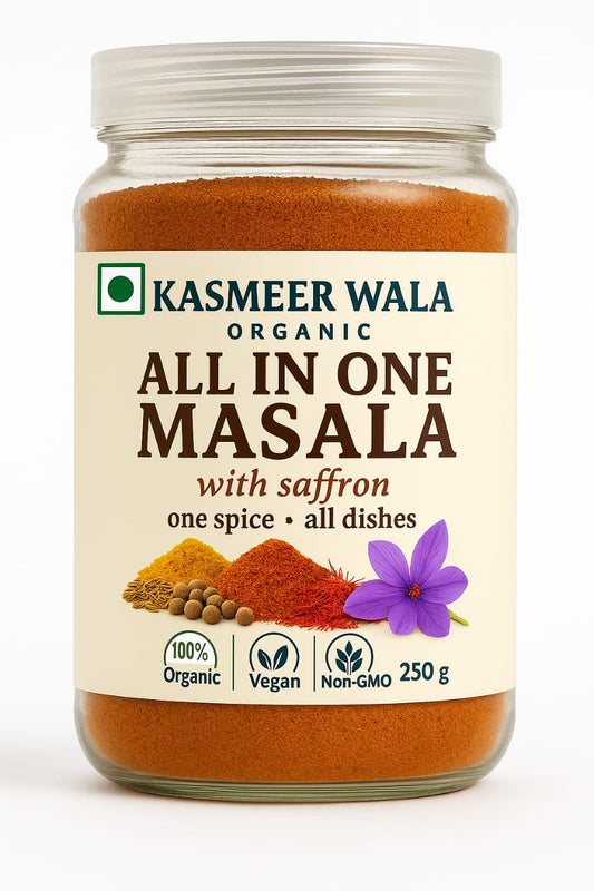 Kasmeer Wala Organic All in One Masala with Saffron | Premium Mixed Spice Blend for All Dishes | 100% Natural, Vegan & Non-GMO | 250g Jar | Indian Spice Mix for Curry, Biryani, Sabzi, Paneer, Dal