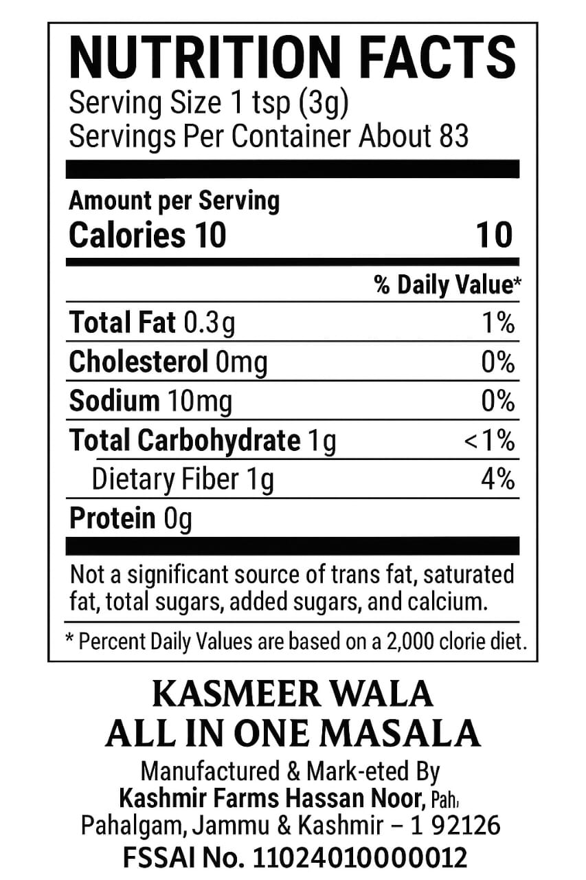 Kasmeer Wala Organic All in One Masala with Saffron | Premium Mixed Spice Blend for All Dishes | 100% Natural, Vegan & Non-GMO | 250g Jar | Indian Spice Mix for Curry, Biryani, Sabzi, Paneer, Dal