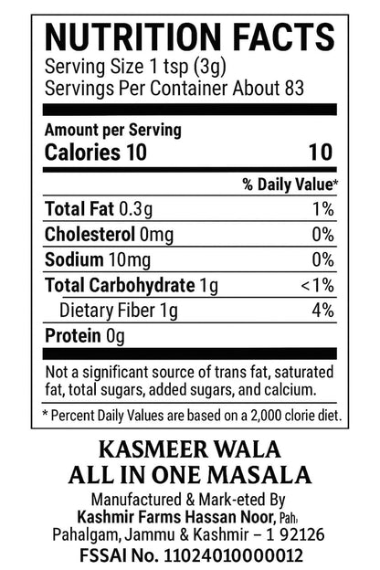 Kasmeer Wala Organic All in One Masala with Saffron | Premium Mixed Spice Blend for All Dishes | 100% Natural, Vegan & Non-GMO | 250g Jar | Indian Spice Mix for Curry, Biryani, Sabzi, Paneer, Dal