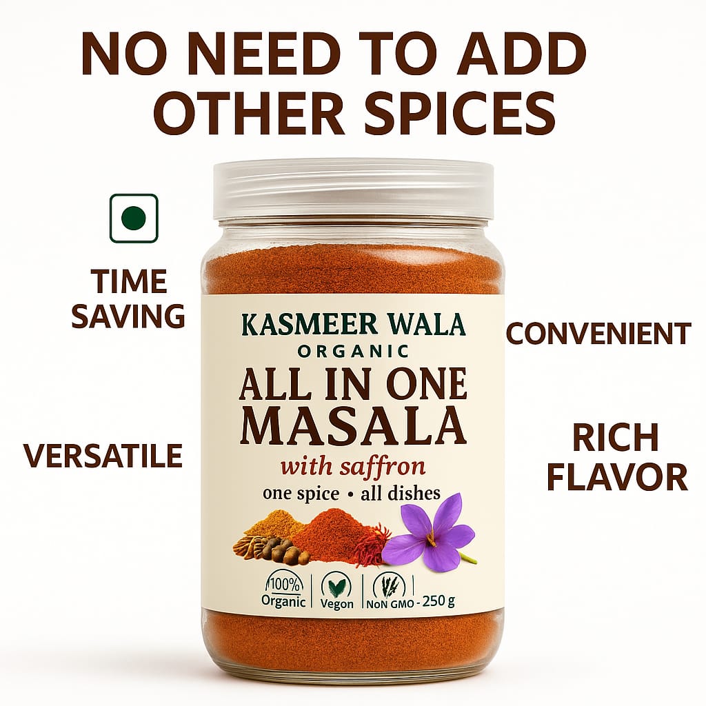 Kasmeer Wala Organic All in One Masala with Saffron | Premium Mixed Spice Blend for All Dishes | 100% Natural, Vegan & Non-GMO | 250g Jar | Indian Spice Mix for Curry, Biryani, Sabzi, Paneer, Dal