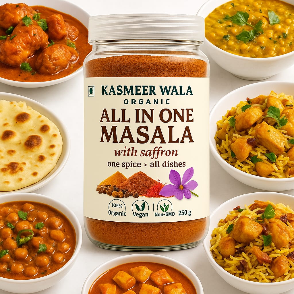 Kasmeer Wala Organic All in One Masala with Saffron | Premium Mixed Spice Blend for All Dishes | 100% Natural, Vegan & Non-GMO | 250g Jar | Indian Spice Mix for Curry, Biryani, Sabzi, Paneer, Dal