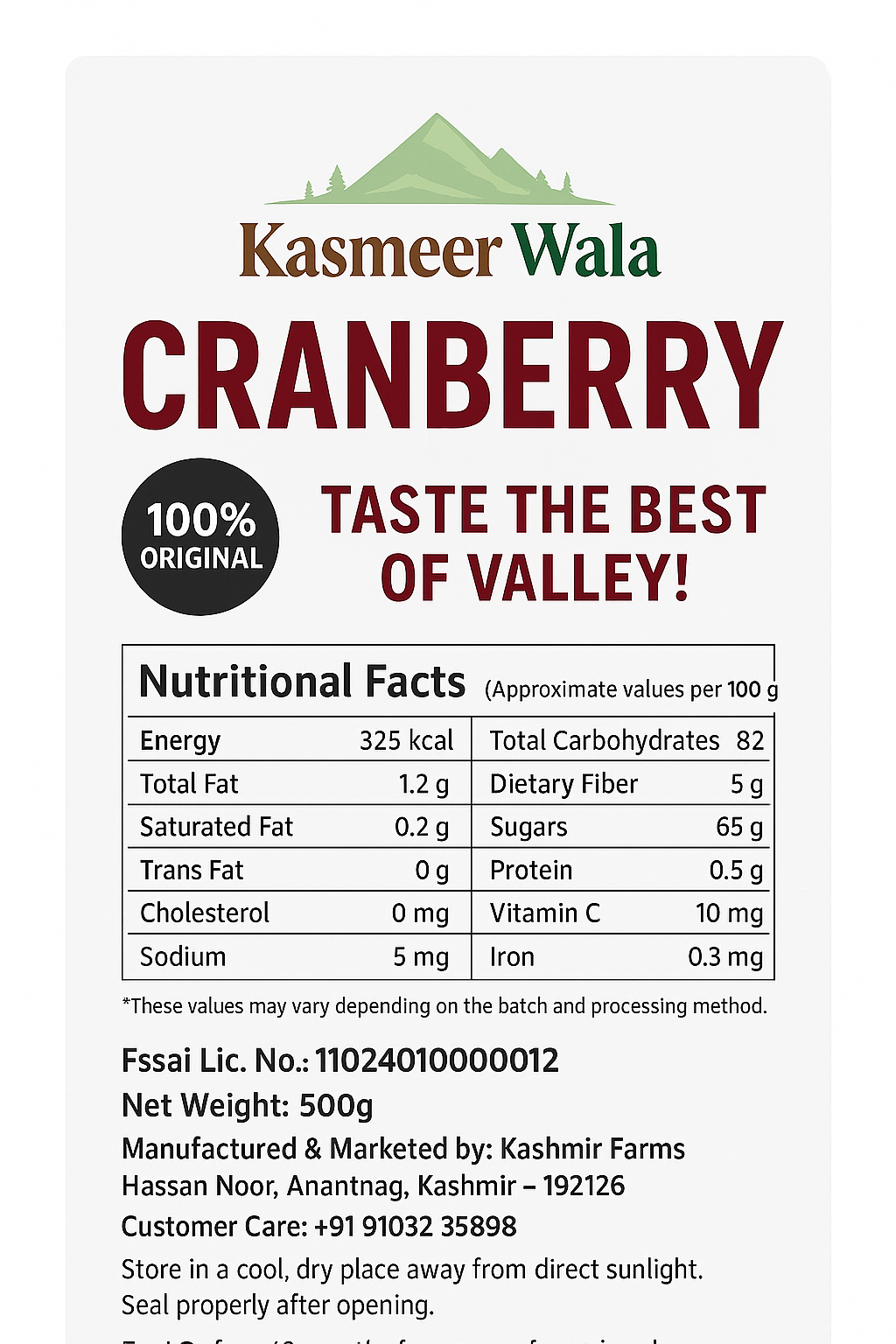 Kasmeer Wala Creanberry 500g – Premium Dried Cranberries, Natural, Healthy & Organic Snacks