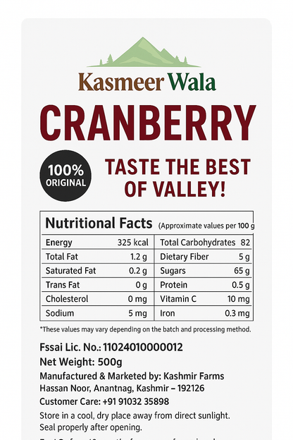 Kasmeer Wala Creanberry 500g – Premium Dried Cranberries, Natural, Healthy & Organic Snacks
