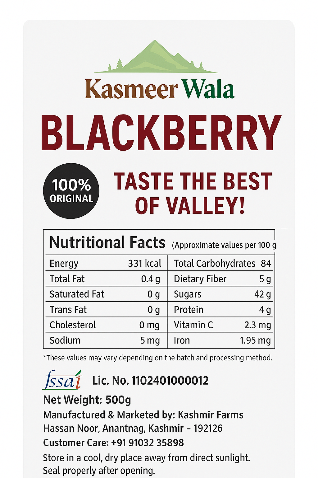 Kasmeer Wala Fresh Organic Blackberries – 500g | Antioxidant-Rich, Immunity Boost, Chemical-Free